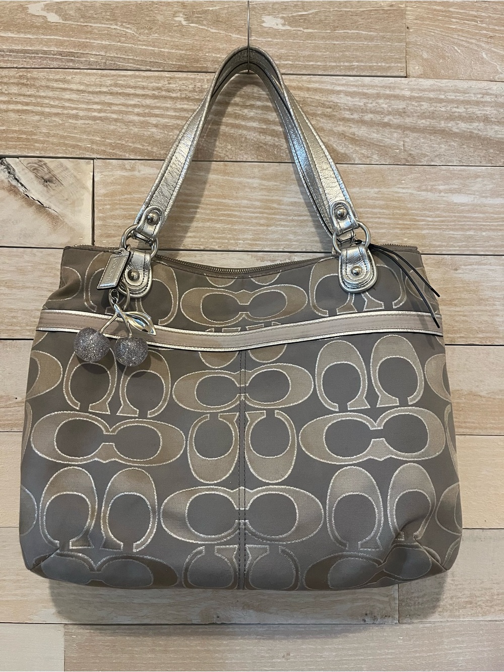 Coach Taupe and Silver Signature Shoulder Bag